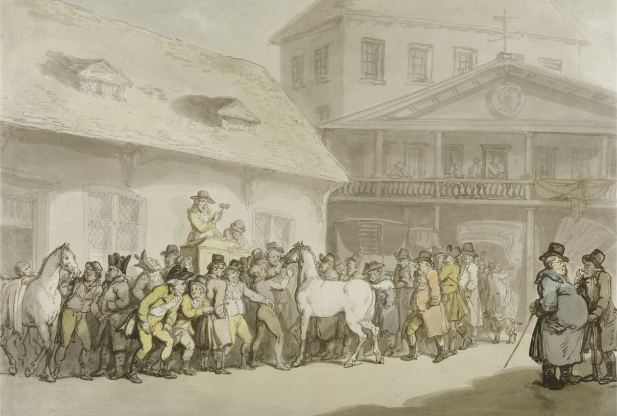 1798-1800年，在巴比肯，巴比肯，霍普金斯仓库举办的马具拍卖会（笔，墨水和水彩纸本） 作者 托马斯·罗兰森