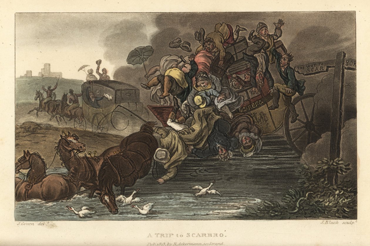 斯卡布罗之旅：一辆载满行李和乘客的长途汽车驶入池塘。 Thomas Rowlandson 手绘铜版画，J. Bluck 水墨，J. Green 从伦敦阿克曼斯卡伯勒诗意草图绘制草图 作者 托马斯·罗兰森