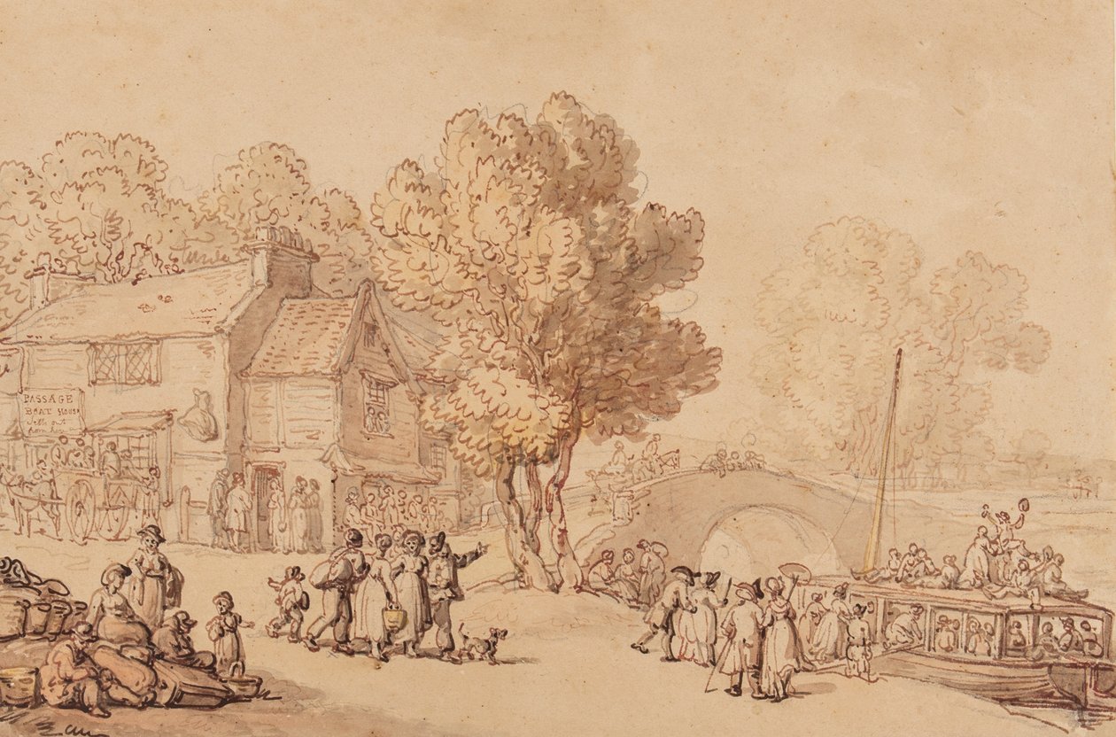 登上渡船，c.1810（铅笔，墨水，刷子和纸上的卫生纸） 作者 托马斯·罗兰森