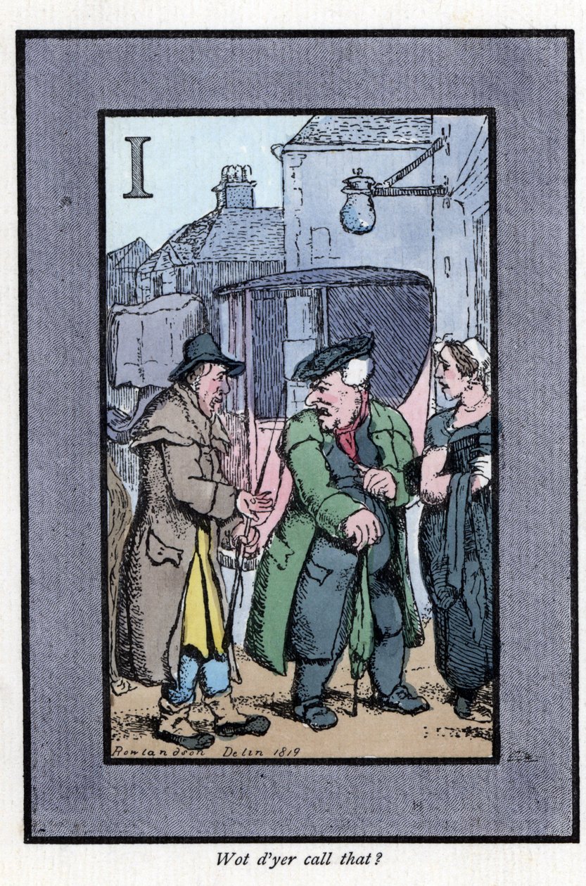 检查哈克尼向乘客抱怨小费（1819）。 木版画，基于 Thomas Rowlandson (1756-1827) 的一幅画作，出版于 The Cris of London：有六个迷人的孩子和近 40 幅插图，由 Andrew Tuer、Field 和 Tuer， 作者 托马斯·罗兰森