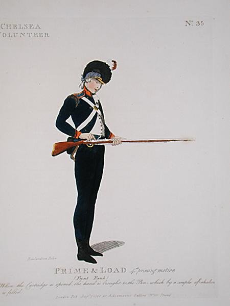切尔西志愿者，板块35，来自 "伦敦和周边地区的忠诚志愿者"，1798年出版（彩色平印）。 作者 托马斯·罗兰森