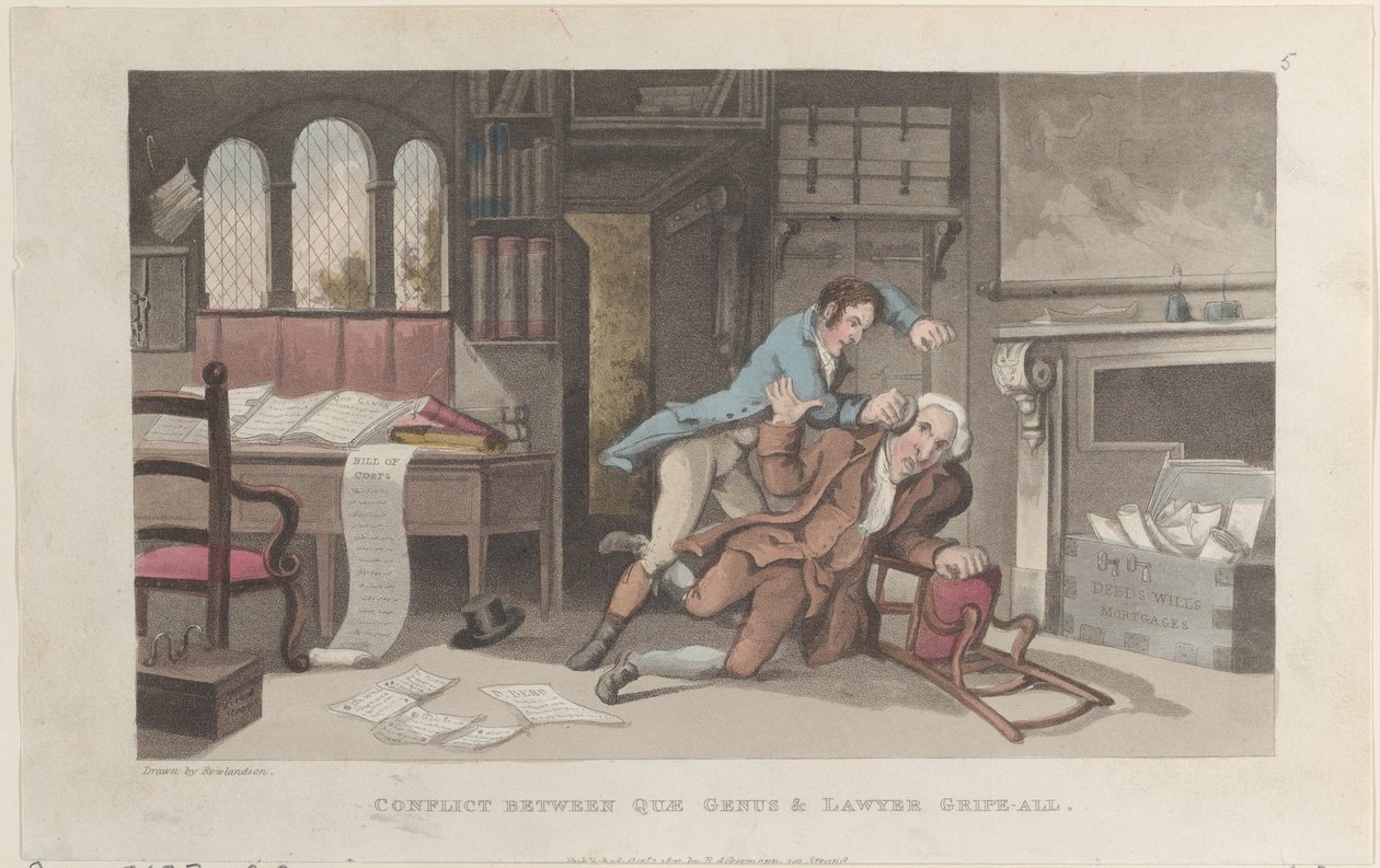 Quae Genus和Gripe-all律师之间的冲突，来自《Johnny Q...的历史》，1821年10月1日。 作者 托马斯·罗兰森