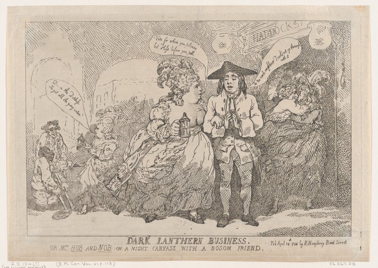 Dark Lanthern Business, or, Mrs. Hob and Nob On a Night Canvass With a Bosom Fri..., April 24, 1784. 作者 托马斯·罗兰森