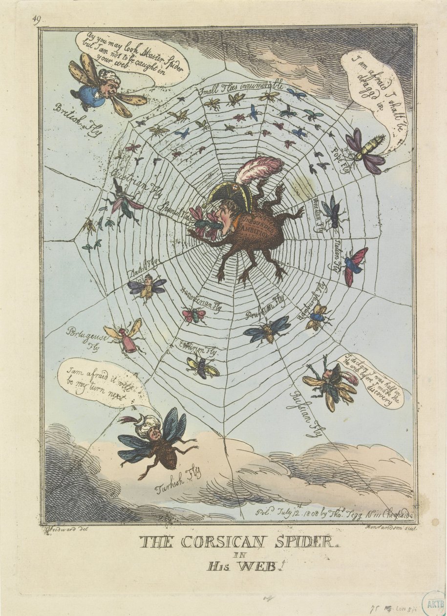 网中的科西嘉蜘蛛，1808 年
网中的科西嘉蜘蛛！(物体上的标题） 作者 托马斯·罗兰森