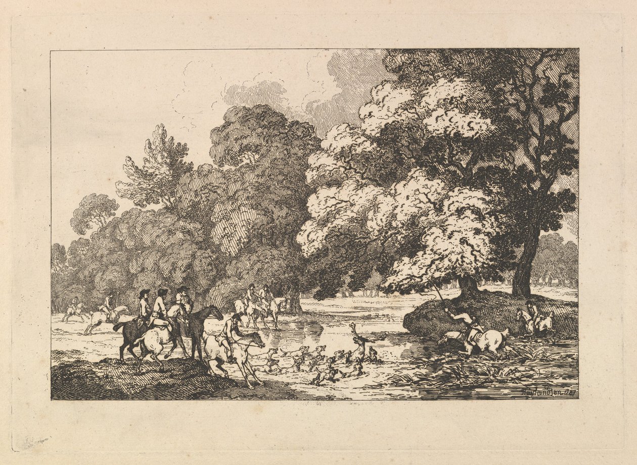 猎鹿-河中有鹿和猎犬的风景场景，1787年。 作者 托马斯·罗兰森