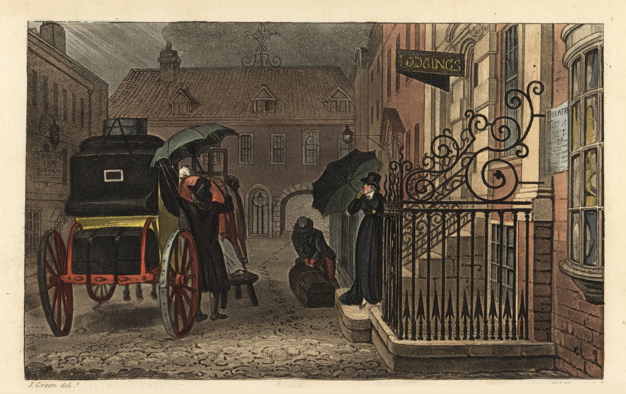 Departure: Tourists loading luggage onto a carriage in front of a hotel in the rain. Handcoloured copperplate engraving by Thomas Rowlandson, aquatint by J.C. Stadler, after a sketch by J. Green from Poetical Sketches of Scarborough, Ackermann, London 作者 托马斯·罗兰森