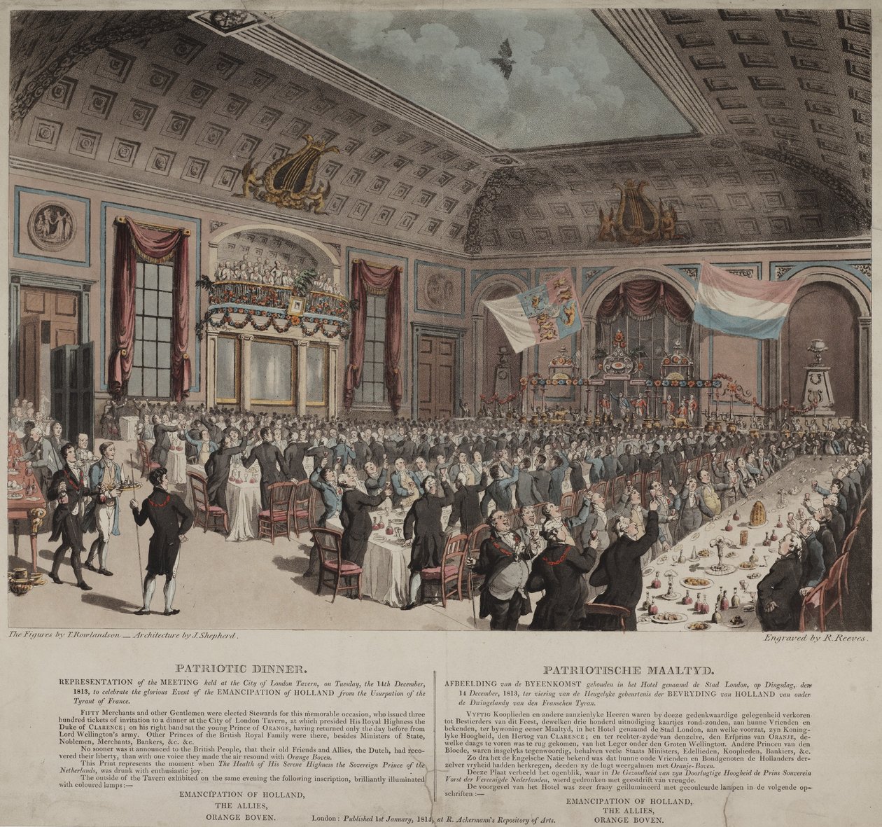 晚宴庆祝荷兰从法国解放，伦敦市酒馆，Bishopsgate，1814年（aquatint） 作者 托马斯·罗兰森