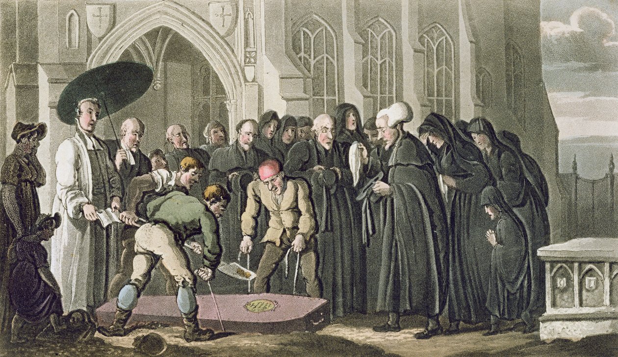 Syntax博士在他的妻子的葬礼上，来自“语法博士之旅，寻找风景如画”，由William Combe撰写，1812年出版（aquatint） 作者 托马斯·罗兰森