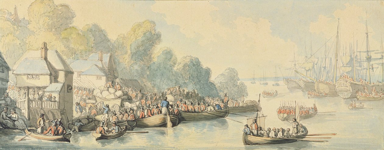 在豪勋爵的行动之后于6月20日在南安普敦登船 - 版本B，c.1794（wc用纸笔上的墨水笔和墨水） 作者 托马斯·罗兰森