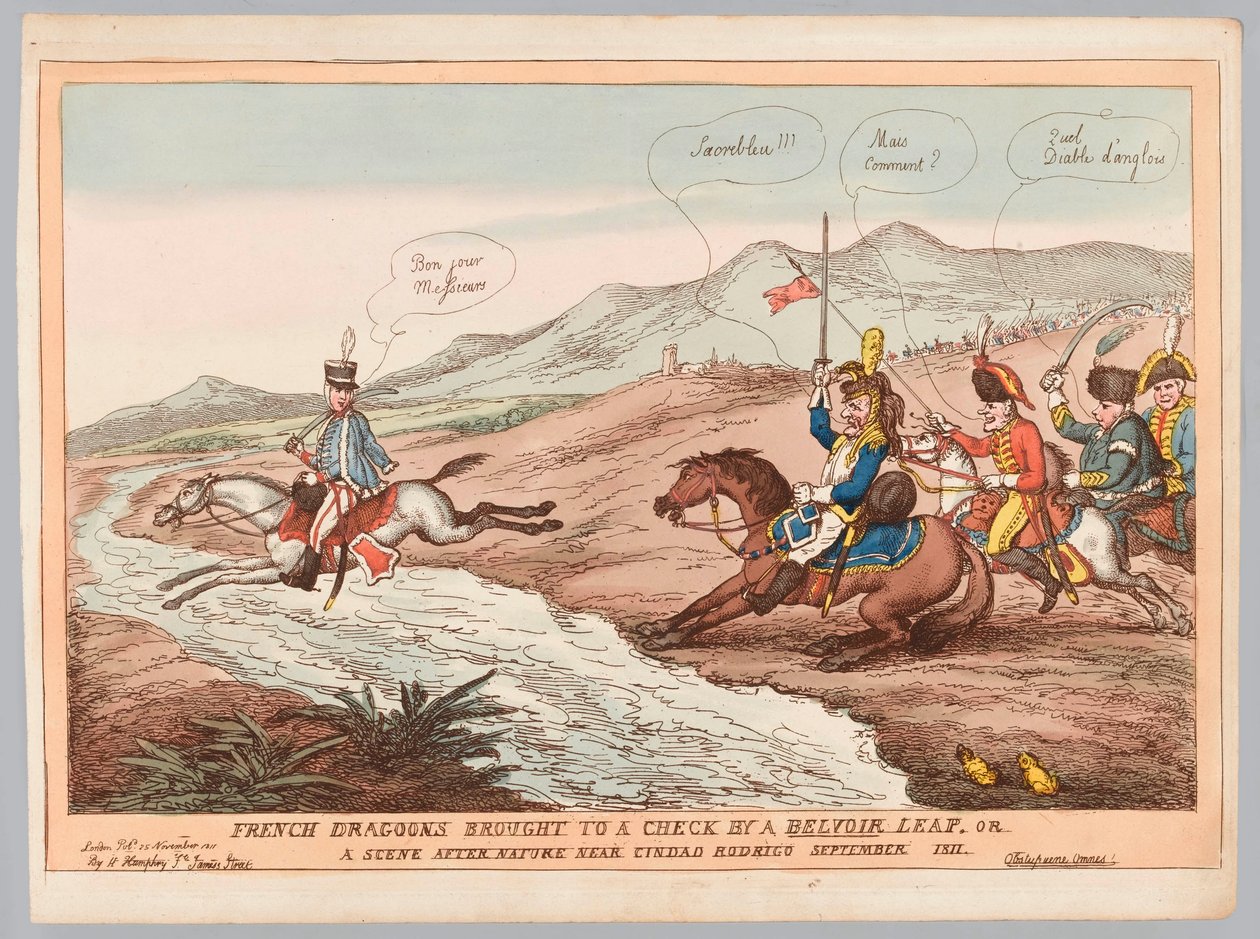English Manners and French Prudence or French Dragoons brought to a check by Belvoir leap September 1811 (engraving, coloured) 作者 托马斯·罗兰森
