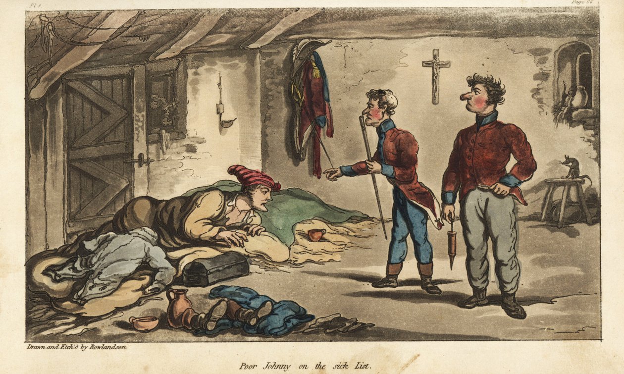 Ensign Johnny Newcome down with dysentery in his ticket in Medina, Spain. Handcoloured copperplate engraving drawn and etched by Thomas Rowlandson from Colonel David Roberts