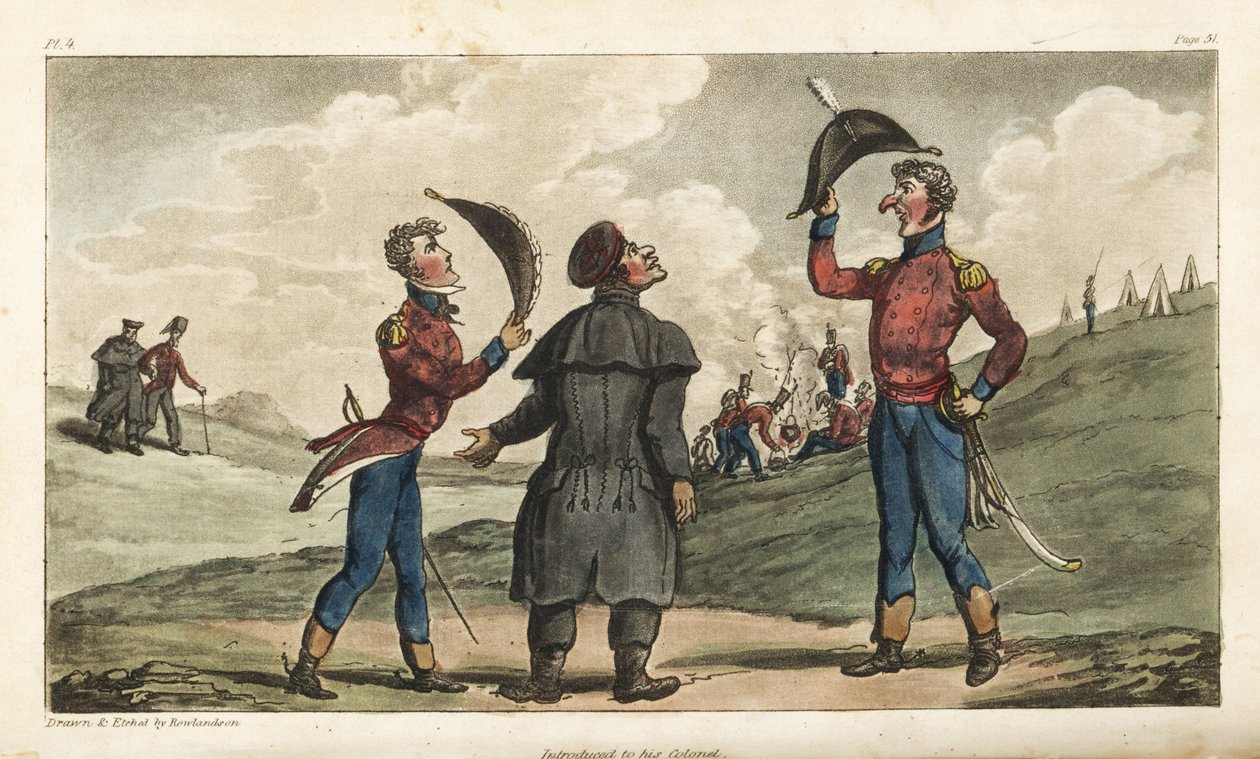 约翰尼·纽康少尉在萨拉曼卡战役前介绍给了他所在团的上校。 由 Thomas Rowlandson 绘制和蚀刻的手绘铜版画，来自 David Roberts 上校的 The Military Adventures of Johnny Newcome，Martin，伦敦 作者 托马斯·罗兰森