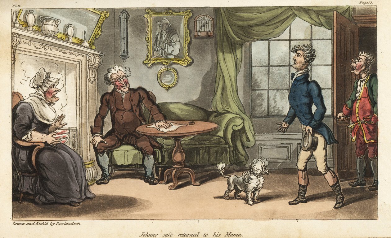Ensign Johnny Newcome returns home to England on sick leave from the Peninsula Campaign. Handcoloured copperplate engraving drawn and etched by Thomas Rowlandson from Colonel David Roberts