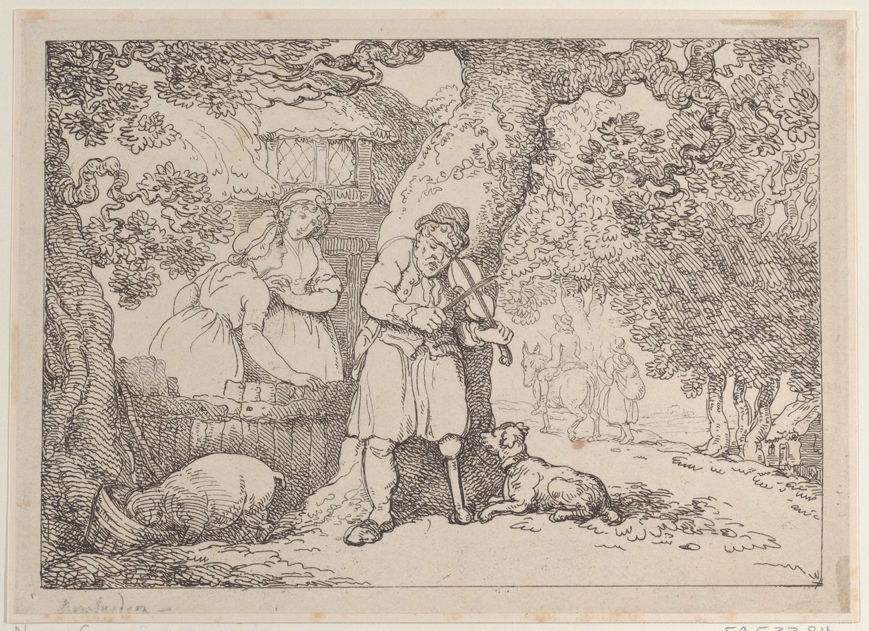 Fiddler, Sailor, Two Women and a Pig by a Cottage, 1816., 1816. 作者 托马斯·罗兰森