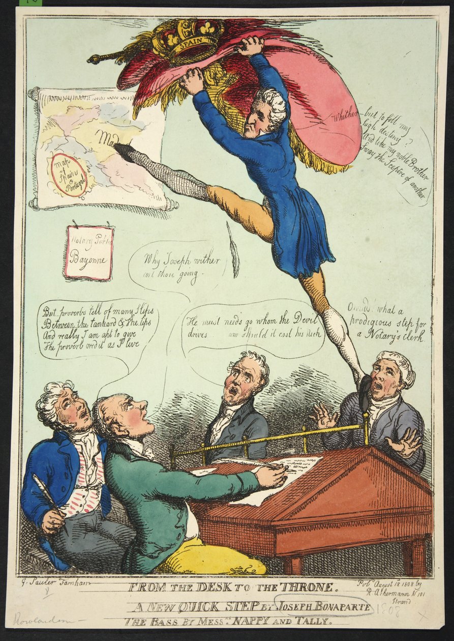 从书桌到王座。 Joseph Bonaparte的新快速步骤。 Bass by Messrs Nappy和Talley，pub。 1808（手工彩色雕刻） 作者 托马斯·罗兰森
