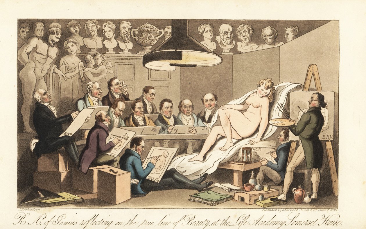 Georgian artists including Benjamin West, Thomas Lawrence, Benjamin Haydon, Joseph Farrington, Richard Westall and Martin Archer Shee drawing a nude model, while classical busts look down. Royal Academicians of Genius reflecting on the true line of Beauty, 作者 托马斯·罗兰森