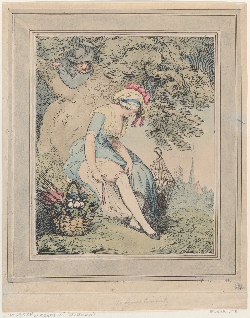 带着篮子和鸟笼的女孩在调整她的吊袜带，1785-95. 作者 托马斯·罗兰森