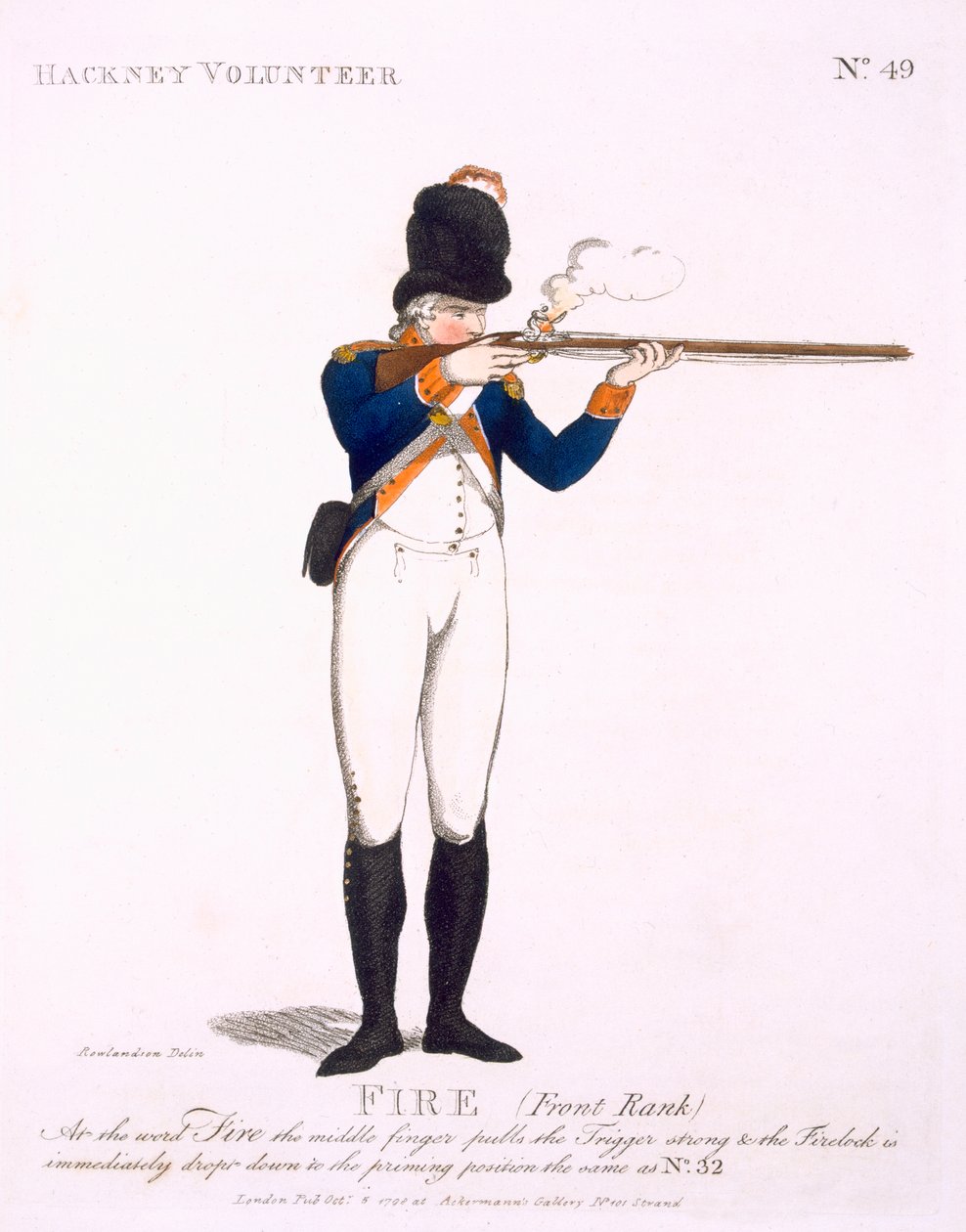 Hackney Volunteer，来自伦敦和环境的忠诚志愿者队的49号板块，于1798年出版 作者 托马斯·罗兰森