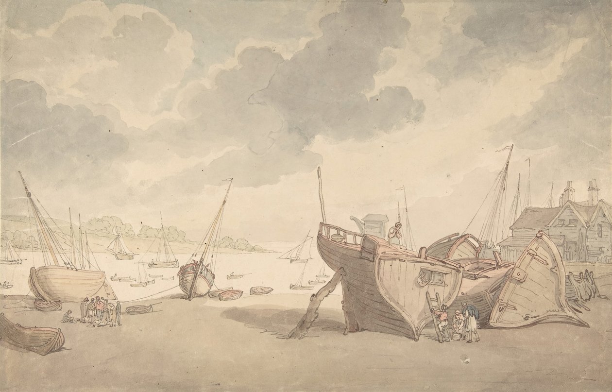 退潮后的港口场景，以及搁浅的船只，1775-1827。 作者 托马斯·罗兰森