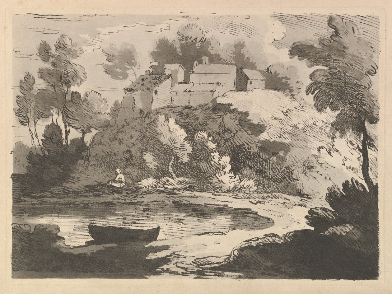 丘陵河景观，前景左侧的水上船，远处的人像，1783-84年。 作者 托马斯·罗兰森