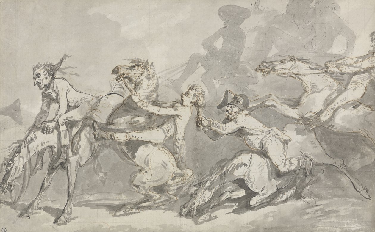 骑兵碰撞，约1785-90年（钢笔和墨水在纸上用棕色水洗） 作者 托马斯·罗兰森