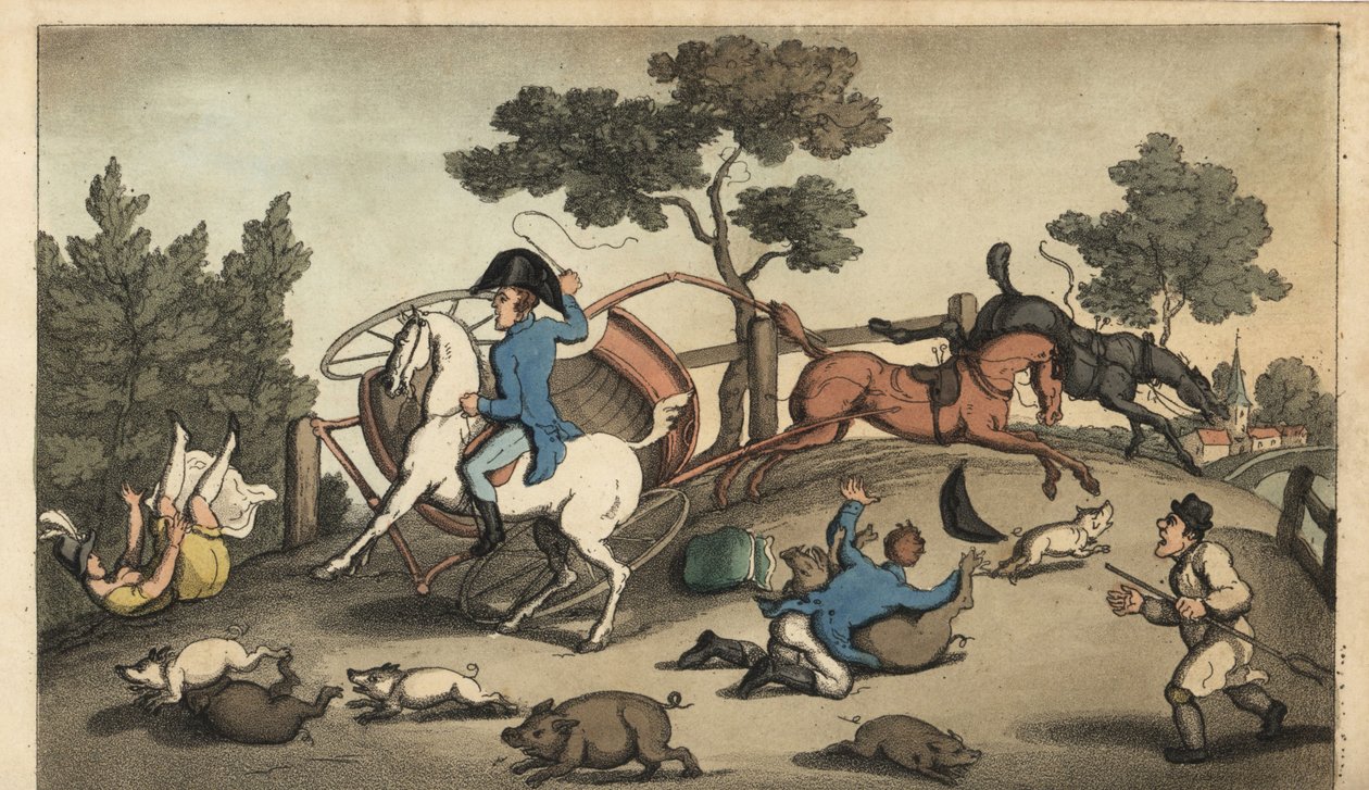 约翰尼和一位女士在一群猪中撞车。W.Read根据Thomas Rowlandson的插图进行的手绘铜版画，出自Alfred Burton的《Johnny Newcombe在海军的冒险》，Simpkin，伦敦 作者 托马斯·罗兰森
