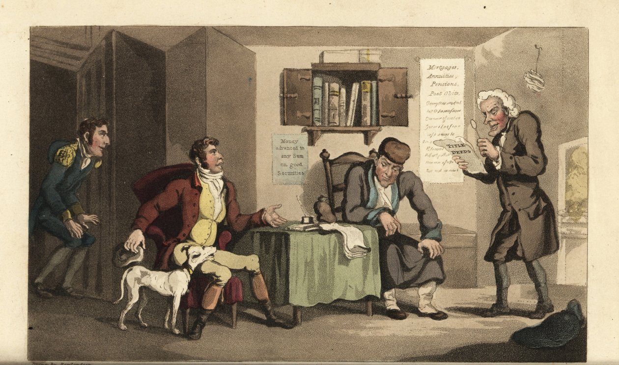 约翰尼为放债人雅各布列维服务。 托马斯·罗兰森 (Thomas Rowlandson) 手绘铜版画，出自 William Combe 的 The History of Johnny Quae Genus，已故 Doctor Syntax 的小弃儿。 作者 托马斯·罗兰森
