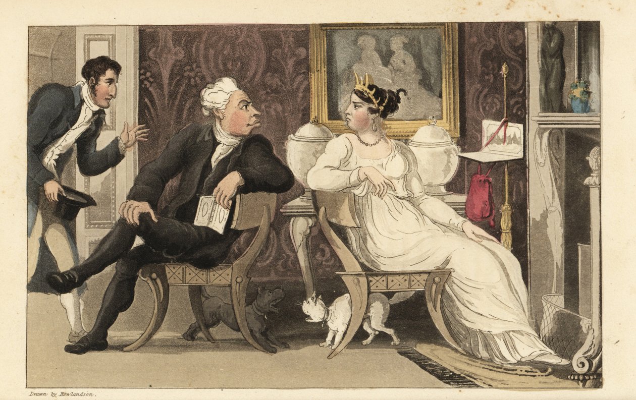 约翰尼在摄政厅的聚会上打断了客人之间的争吵。 托马斯·罗兰森 (Thomas Rowlandson) 的手绘铜版版画，出自 William Combe 的 The History of Johnny Quae Genus，已故 Doctor Syntax 的小弃儿。 作者 托马斯·罗兰森