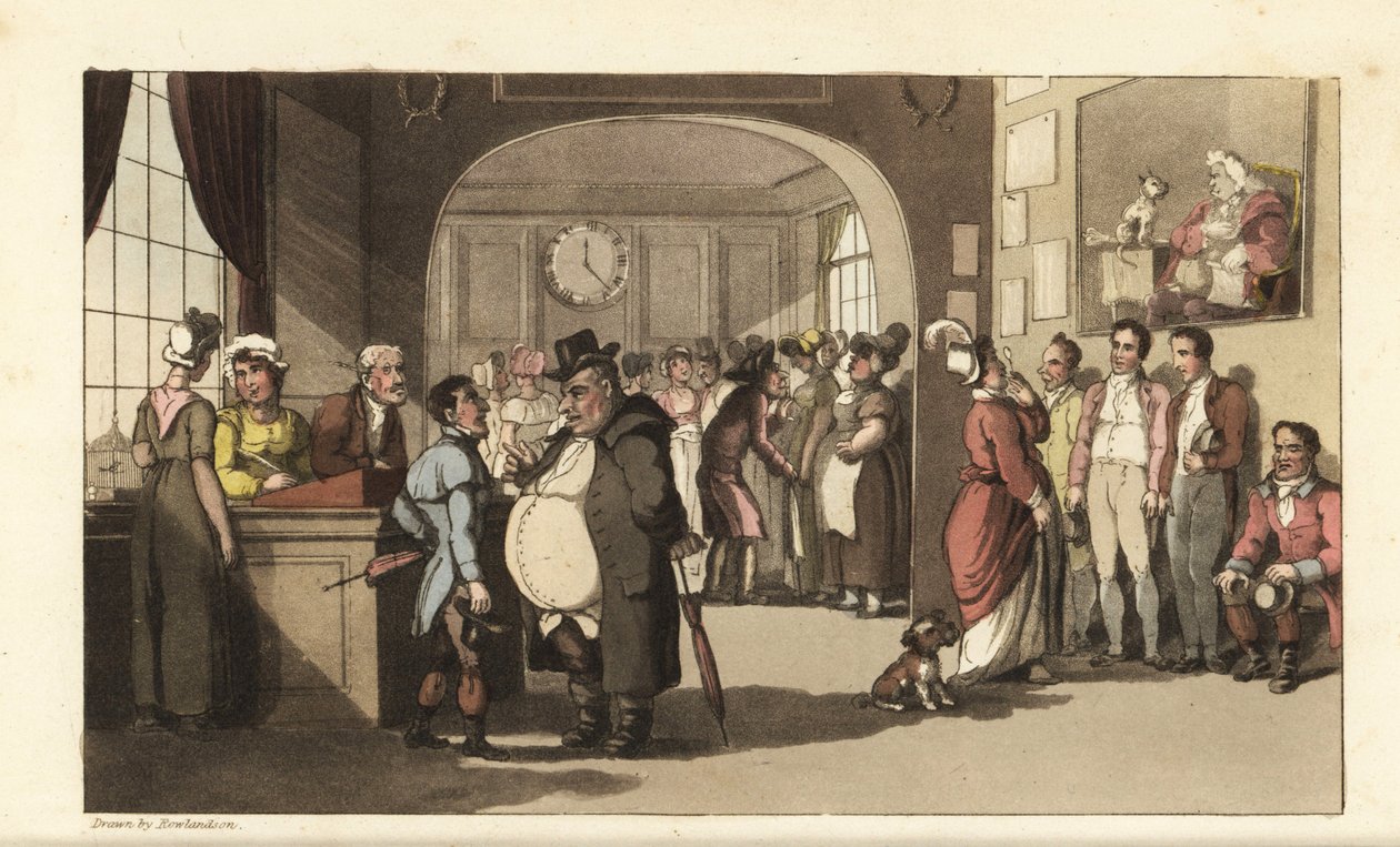 Johnny looking for work at a registry office for domestic servants. Men and women with monocles examining porters, maids and other staff. Handcoloured copperplate engraving by Thomas Rowlandson from William Combe