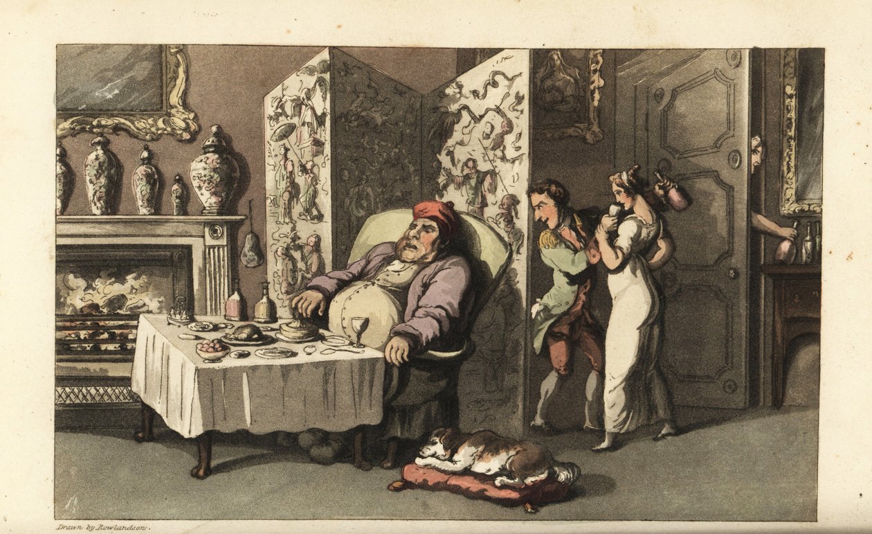 Johnny sneaking the maid Molly a glass of wine in the parlour as Sir Jeffery Gourmand sleeps at the dining table. Almost caught by another servant at the door. Handcoloured copperplate engraving by Thomas Rowlandson from William Combe