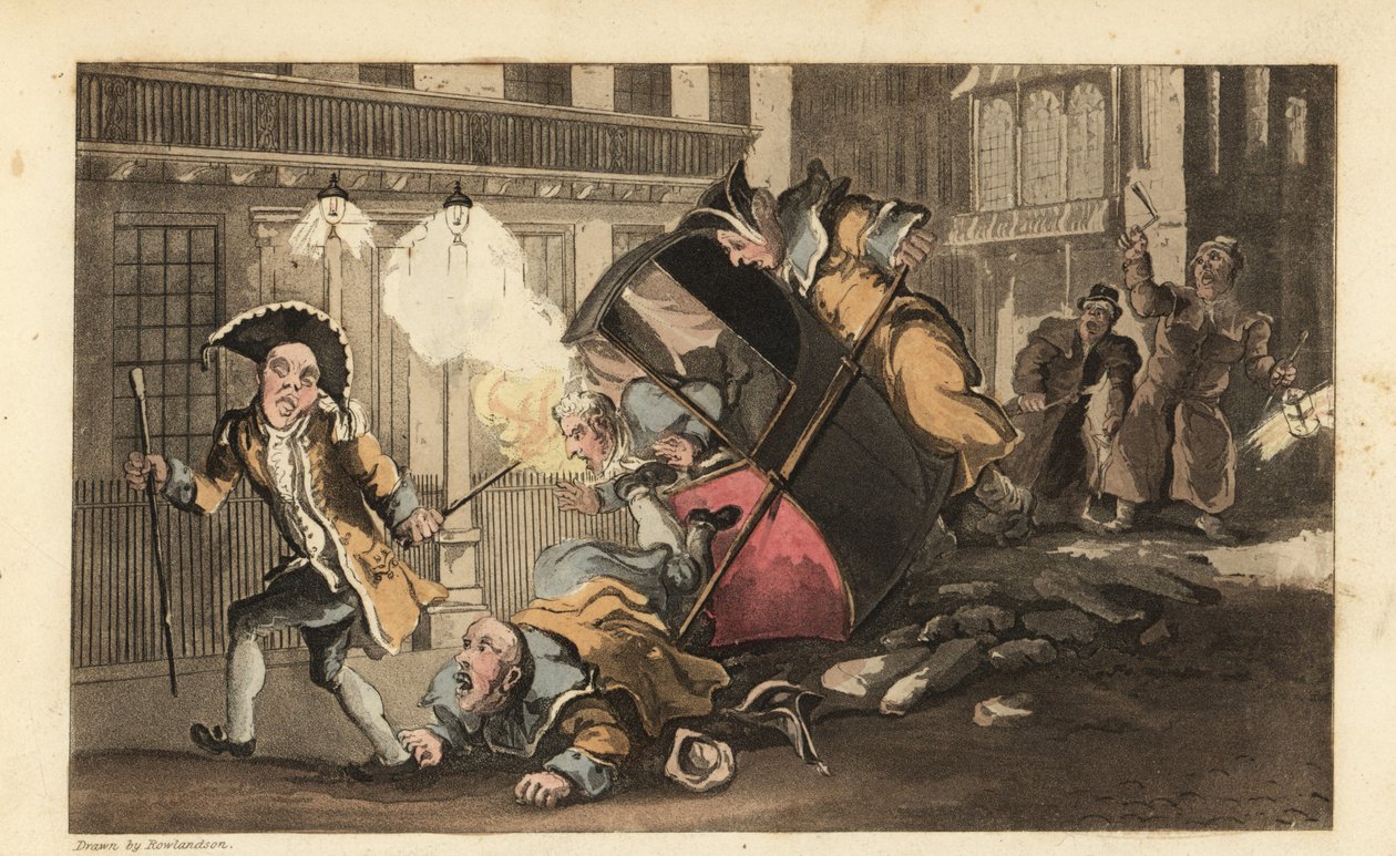 Johnny thrown out of a sedan chair when the porters crash over a pile of stones in the street. Night Watchmen with lanterns and rattles arrives. Handcoloured copperplate engraving by Thomas Rowlandson from William Combe