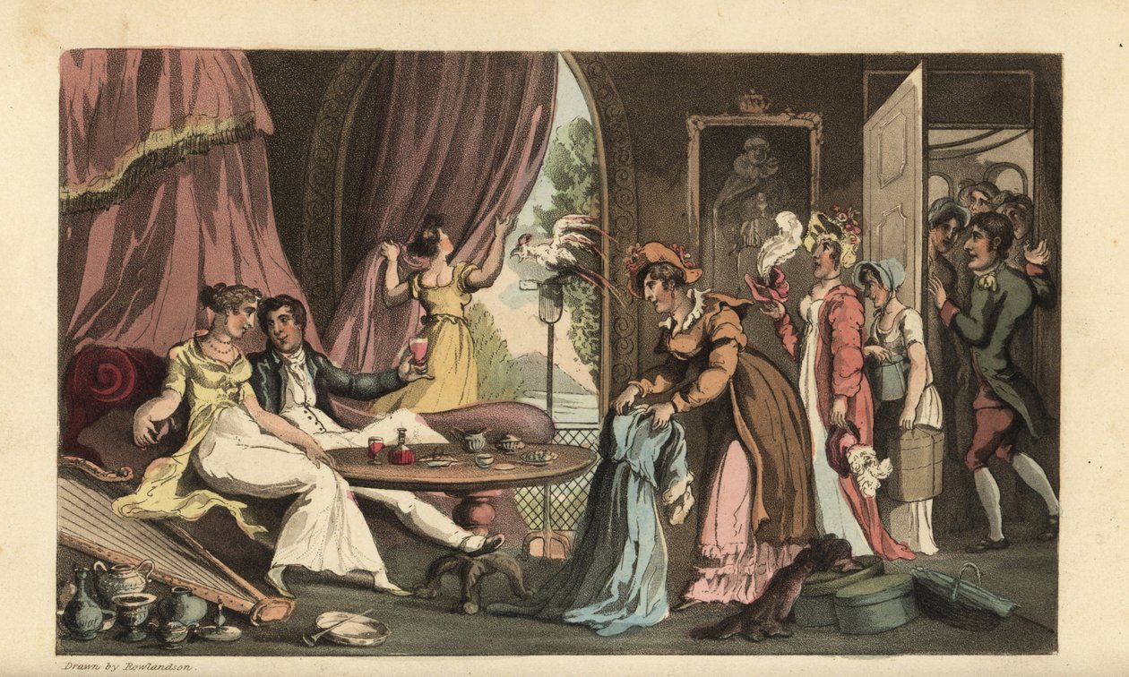 Johnny with a spendthrift: they lounge on a sofa drinking wine as a line of tradeswomen show dresses, hats and other finery. A servant closes the door on more sales people. On the floor are vases, a harp, hat boxes, etc. Handcoloured copperplate engraving  作者 托马斯·罗兰森