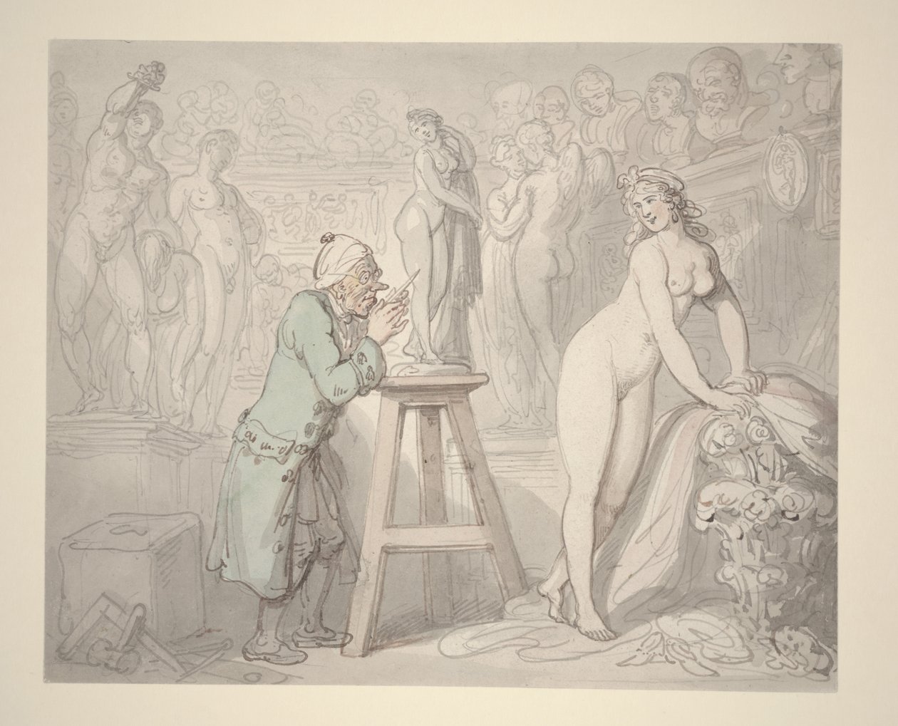 约瑟夫·诺勒肯斯（Joseph Nollekens）在他的工作室，约1810年（纸上的铅笔，油墨和水彩） 作者 托马斯·罗兰森