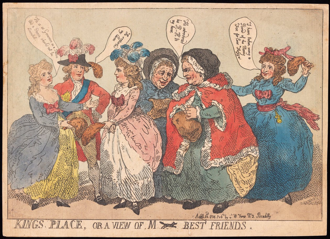 国王广场，或M ----最好的朋友，酒吧的视图。 1784年（手工彩色雕刻） 作者 托马斯·罗兰森