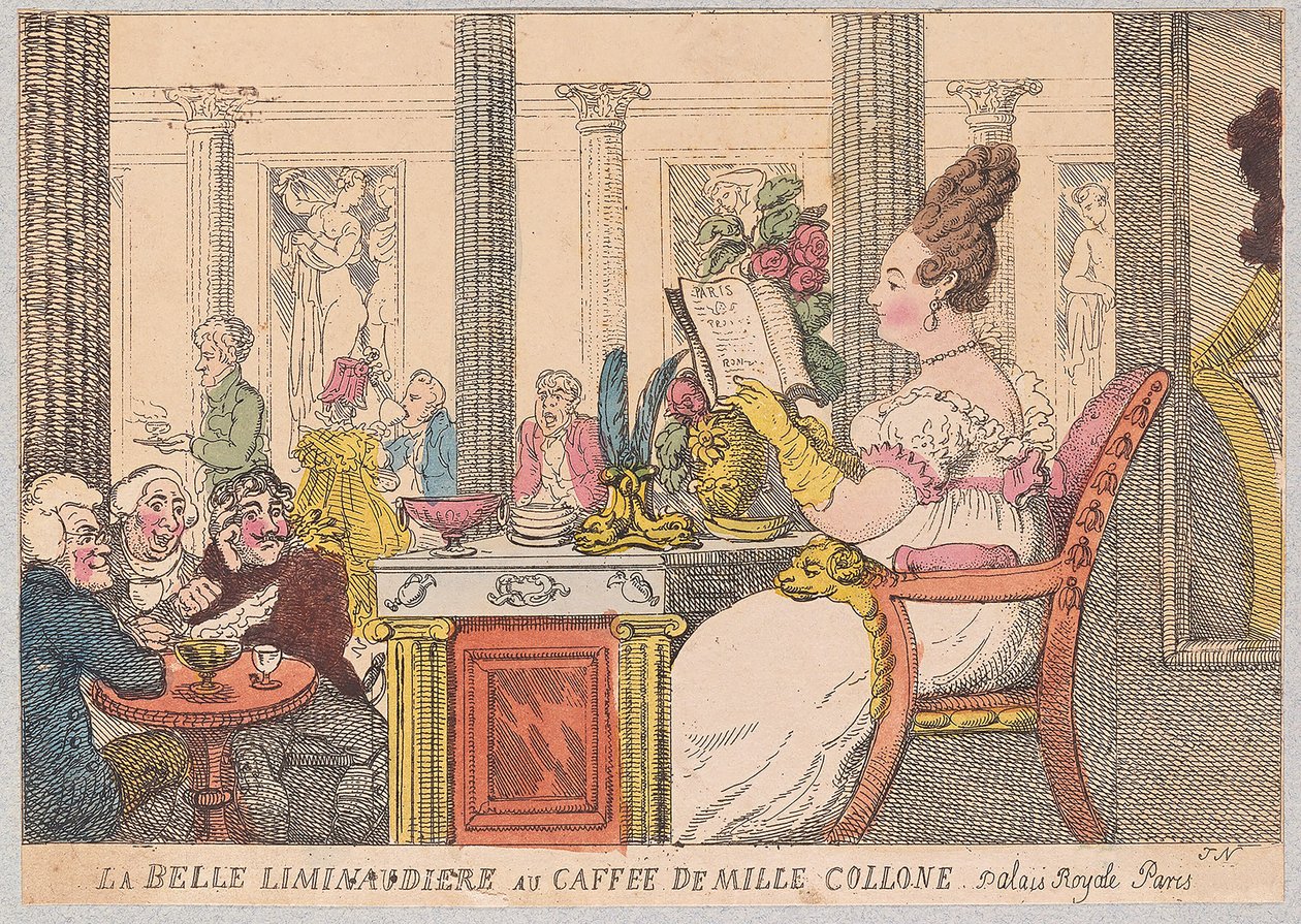 La Belle Liminaudiere在Mille Collone的Caffee，Palais Royal，巴黎，酒吧。 1814年（手工彩色雕刻） 作者 托马斯·罗兰森