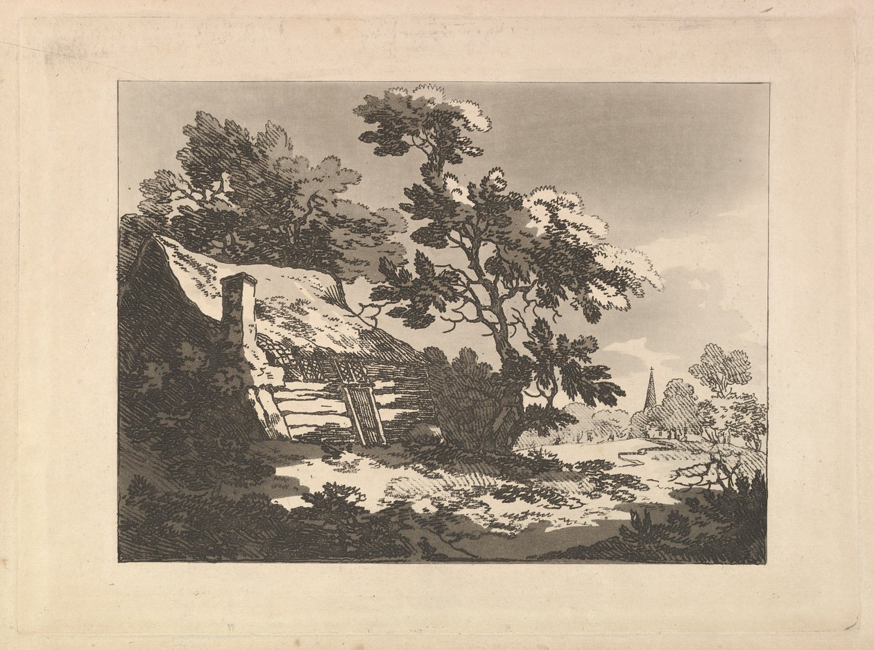 1783-84年，左侧树丛中有小屋的景观，右侧是远处教堂的尖顶。 作者 托马斯·罗兰森