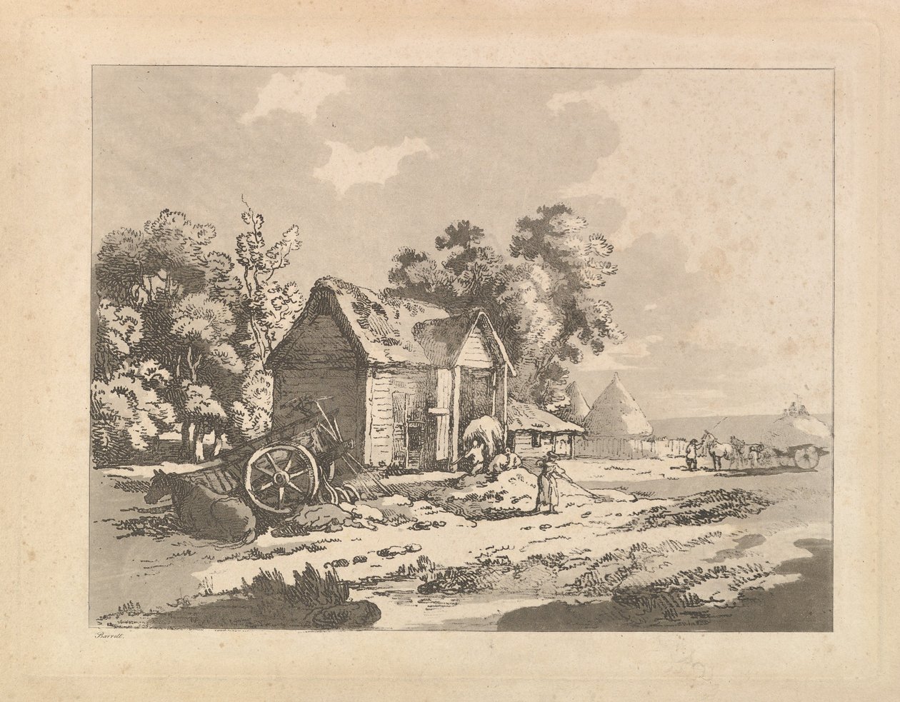 景观，人物在谷仓里储存干草，车和马在左边躺着，1783-84。 作者 托马斯·罗兰森