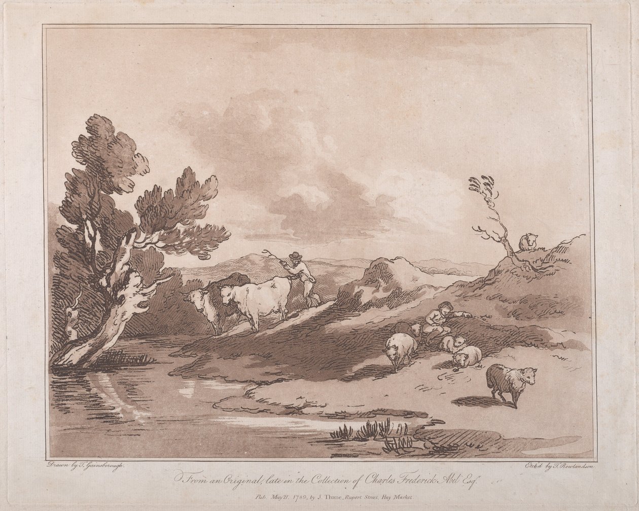 风景画，有一个放牛的人物和一个休息的牧羊人，1789年5月21日。 作者 托马斯·罗兰森