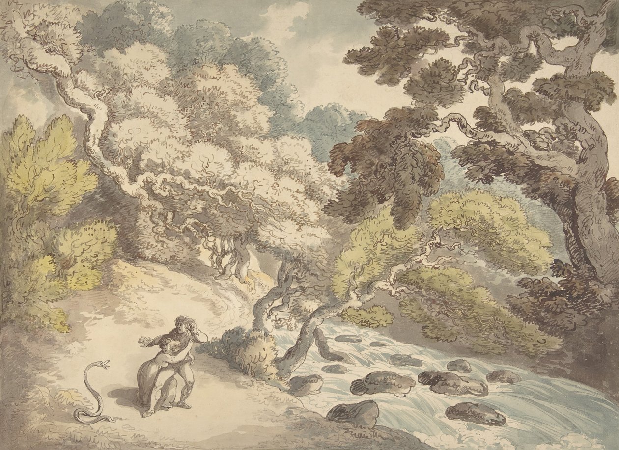 景观，有奔腾的溪流，岸上有一对夫妇被蛇惊吓，1775-1827。 作者 托马斯·罗兰森