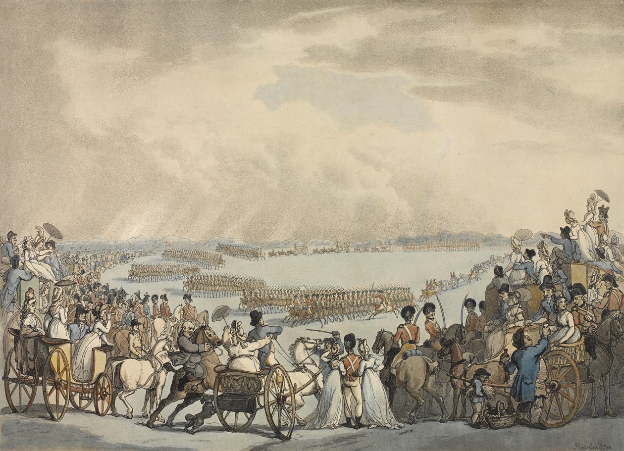 伦敦和威斯敏斯特的轻马志愿者，由赫里斯上校指挥，1798年7月5日由温布尔登陛下评审（彩色aquatint） 作者 托马斯·罗兰森