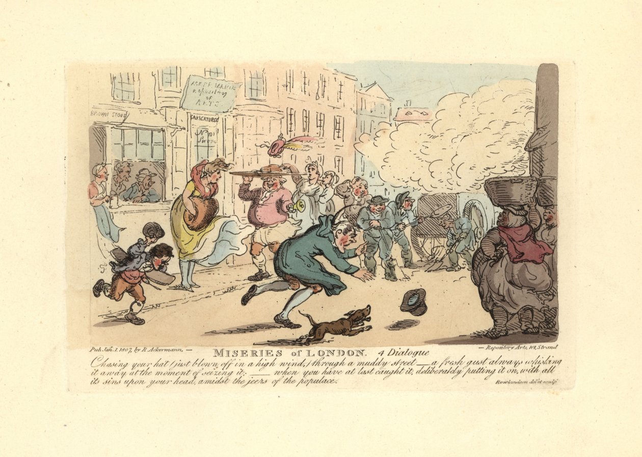 Man chasing his hat down a muddy street in a high wind. 作者 托马斯·罗兰森