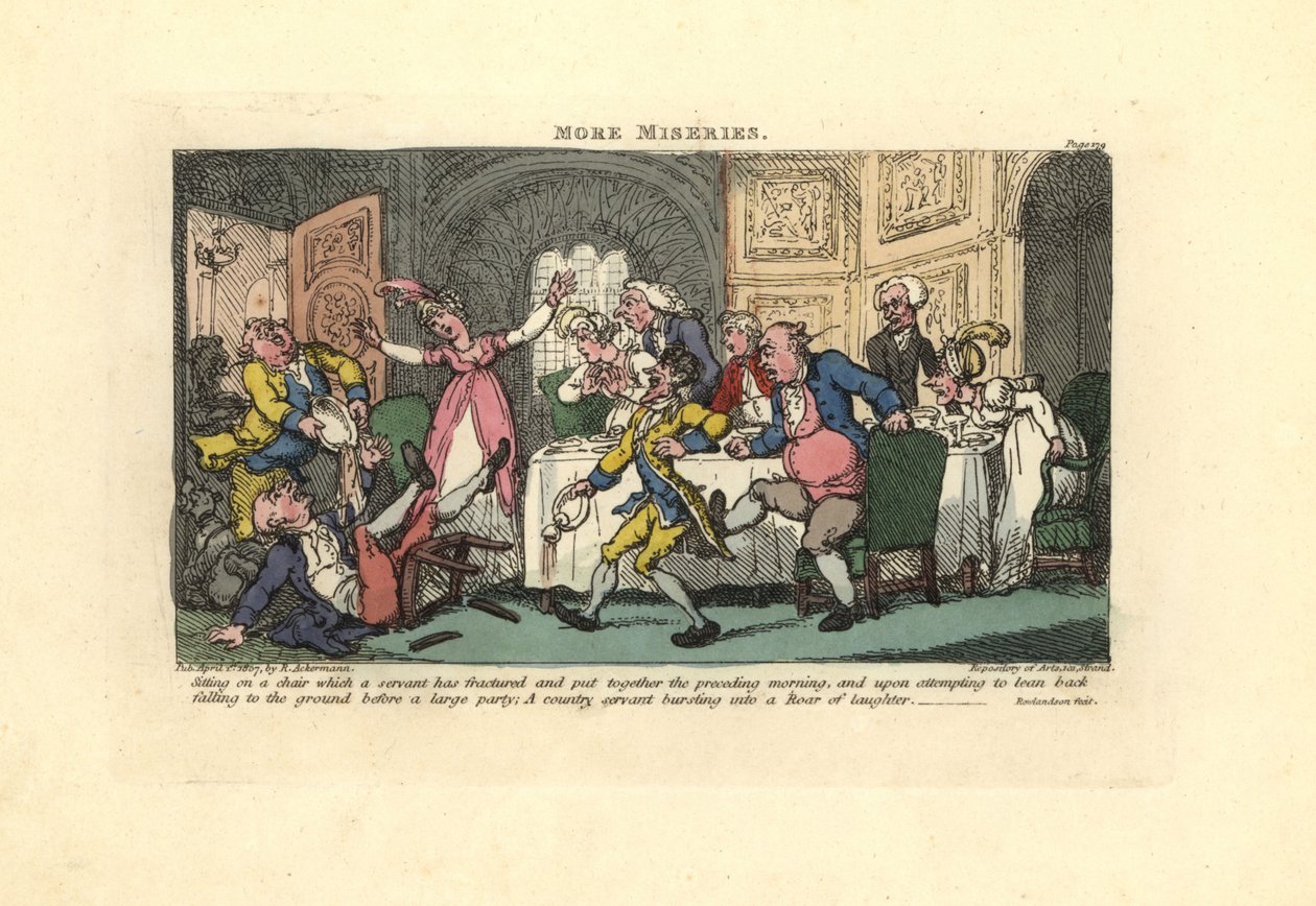Man falling off a broken chair at a dinner party. 作者 托马斯·罗兰森