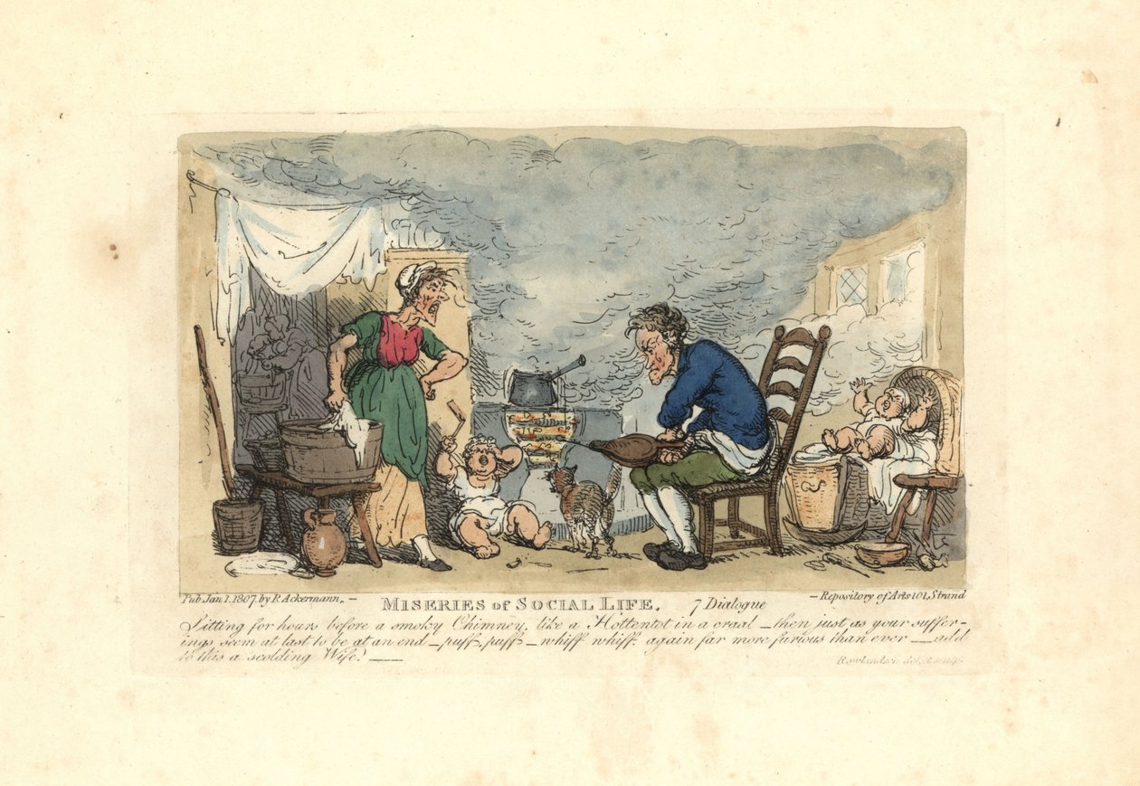 Man using bellows in front of a fire in a smoky room. 作者 托马斯·罗兰森