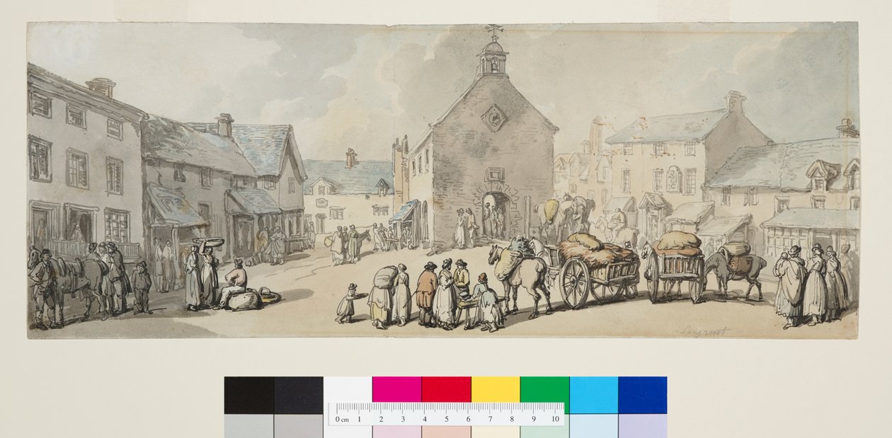 市场广场，Llanrwst，c.1797（钢笔、黑色墨水和水彩纸本） 作者 托马斯·罗兰森