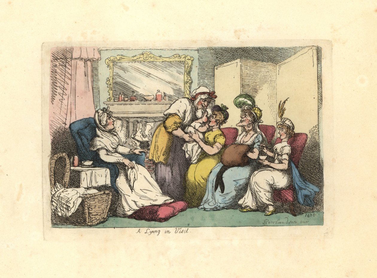 Mother with new born baby visited by several women in a parlour. 作者 托马斯·罗兰森