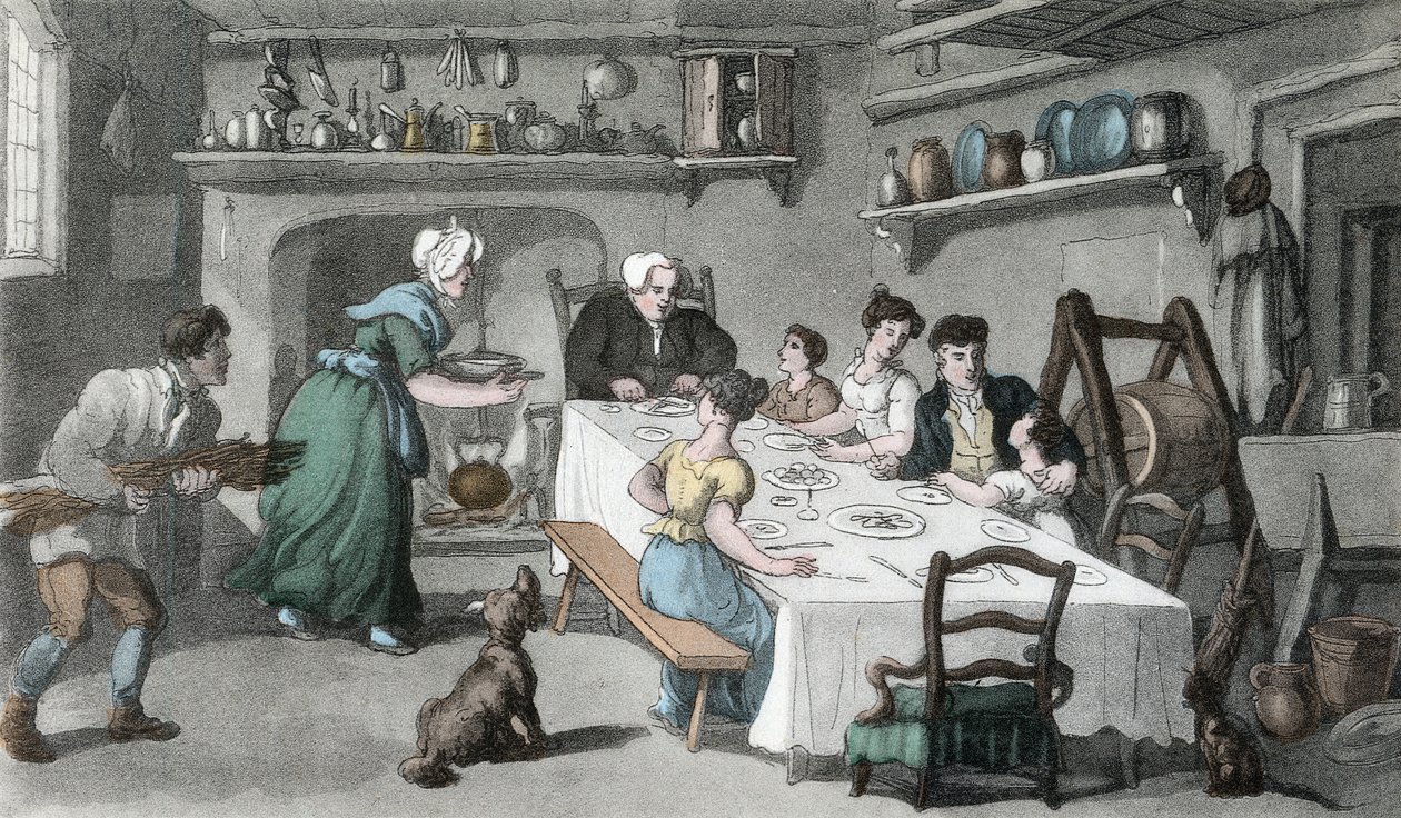 Burchell先生的第一次访问，来自Oliver Goldsmith，酒吧的“韦克菲尔德牧师”的插图。阿克曼，1817年（手工彩色） 作者 托马斯·罗兰森