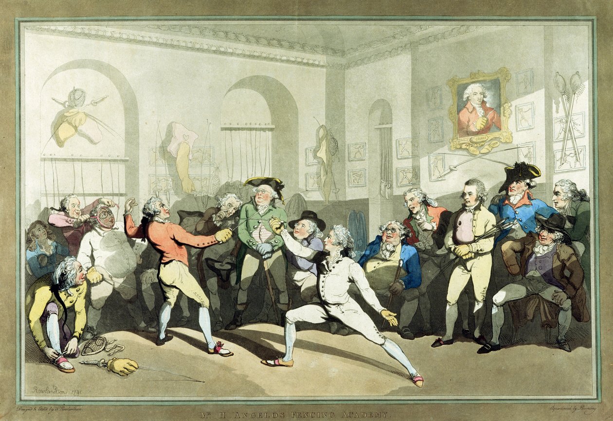 H Angelo先生的击剑学院，1791年由查尔斯罗森伯格雕刻（手工彩色aquatint） 作者 托马斯·罗兰森