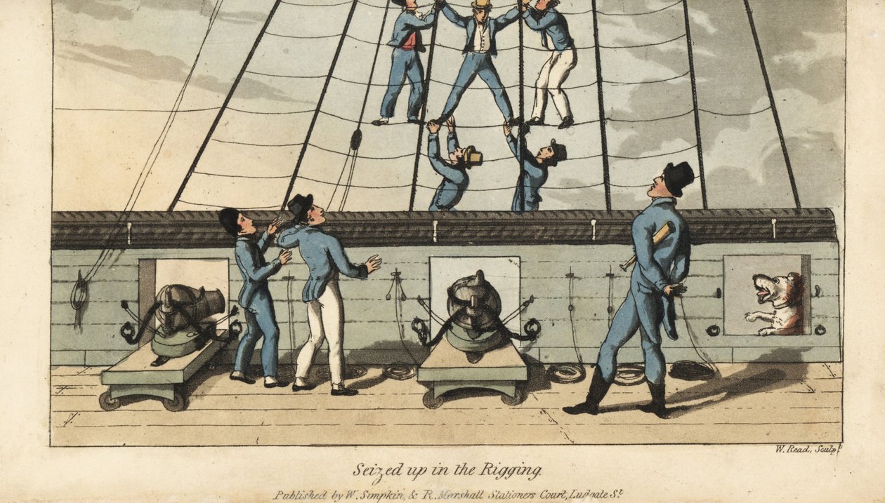 Naval rite of passage: Johnny is seized and spreadeagled in the rigging by his fellow sailors. Handcoloured copperplate engraving by W. Read after an illustration by Thomas Rowlandson from Alfred Burton