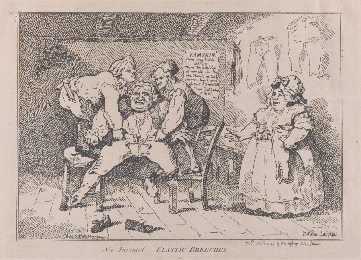 New Invented Elastic Breeches, November 1, 1784., 1784年11月1日。 作者 托马斯·罗兰森