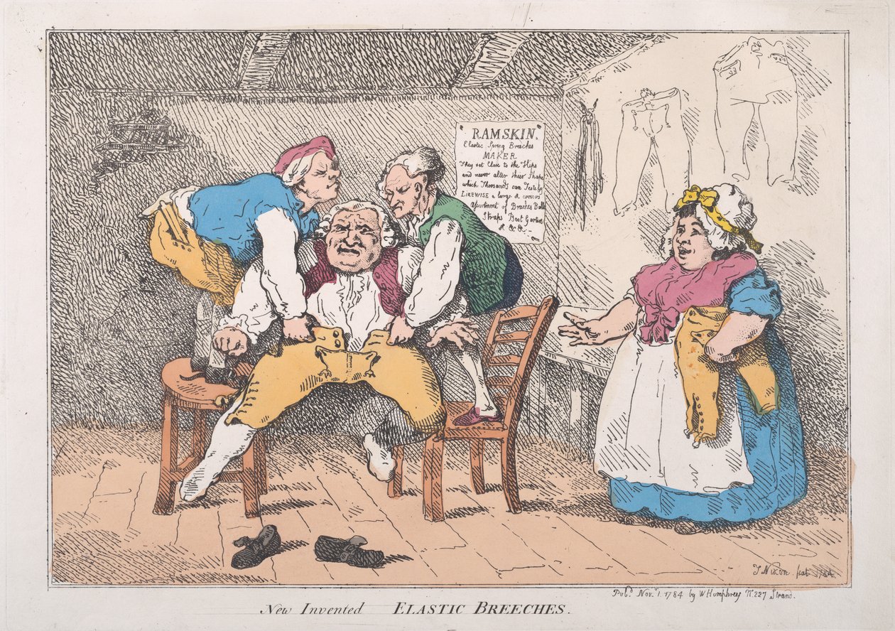 New Invented Elastic Breeches, November 1, 1784., 1784年11月1日。 作者 托马斯·罗兰森